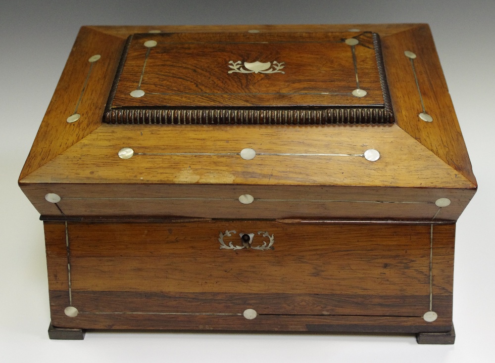 A William IV walnut sewing box, mother of pearl cartouche c.