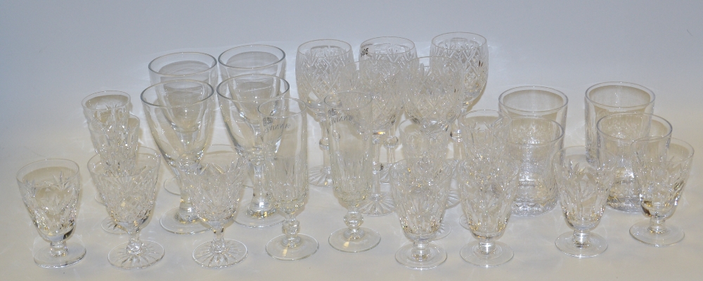 Glassware - a set of cut glass wine glasses; others smaller; port gasses; tumblers;