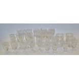 Glassware - a set of cut glass wine glasses; others smaller; port gasses; tumblers;