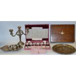 Plated Ware - an oak cutlery box; an EPNS three light candelabrum; six oval napkin rings;