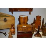 Treen - a miniature musical blanket box; turned vases; shoe polish box,