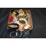 Costume Jewellery - a Clyda of Paris bead and disc chain, satin bag en suite; bangles, various,