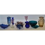 Coloured Glassware - a blue glass bowl; a purple flashed part fruit set;