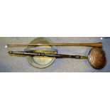 A brass jam pan, steel handle, 32.5cm diam; a copper warming pan, turned handle, c.