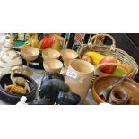 Treen - wooden goblets; tazza; rocking horse figures; ebony elephant figures; plastic display fruit;