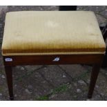 19th century mahogany piano stool, tapering legs, stuffed gold upholstery.