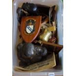 Boxes and objects- Tarents bust of Nelson, hardwood elephant, carving set, other metal wares etc,