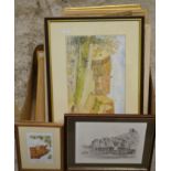 Prints and Picture - a small pastel landscape, framed; others, watercolours, prints,