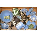 Wedgwood Jasper Ware - a powder blue circular bowl, mug, trumpet vase, trinket dishes,