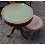 A late 20th century drum table, with drawers to frieze, along with a small coffee table.