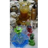 Coloured glassware - a Cranberry glass jug; a Bristol blue beaker; an amber glass dessert service;