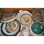 Denby - a Greenwheat tureen and cover, a set of four egg cups; a pair of Mayflower dinner plates,