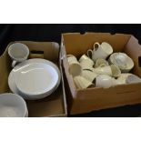 Catering - plain white glazed dinner plates, dessert plates, fruit/cereal bowls, mugs, serving dish,