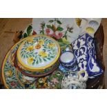A Continental faience charger; a shaped tray; vase; others,
