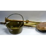 Metalware - brass stair rods; a 19th century copper warming pan; a brass jam pan;