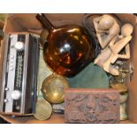 A Roberts radio; a brown flattened bottle; an African carved trinket box; stylised figures;