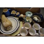 Ceramics - a set of five Denby ornithological mugs; a Denby pot and cover; a Denby Shamrock oil jug;