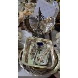Plated ware - two handled tray; shaped card salver; condiment set; clam shell shaped dish and cover;