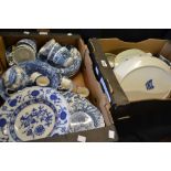 A pair of Victorian blue and white transfer printed oval vegetable dishes and cover,