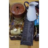 Homewares- enamel painted jug, stone ware pot. Metal fire guard. Stoneware hot water bottles.