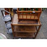 An early 20th century oak 3 tier trolley, a magazine rack, an oak cake 3 tier cake stand.