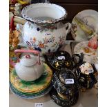 Jackfield type teapots; other teapots; Wedgwood cabbage leaf plates; large two handled vase;