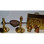 Brass and Copper - brass magazine stand, jugs, etc; a copper warming flask,