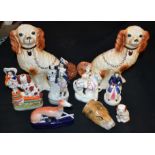 Staffordshire - a hound stirrup cup; various flatback figures; Staffordshire greyhound pen holder;