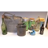 Kitchenalia - a Schweppes soda syphon; Thermos flasks; a galvanized mop bucket; a meat press,