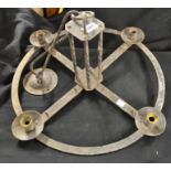 A medieval type four light ceiling mounted candelabrum; an oil lamp; circular mirror;