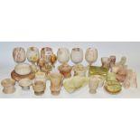 A set of six onyx goblets; Chellaston Alabaster campan shaped side vases; other alabaster;