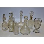 Glassware - a clear glass ship's decanter; a shaft and globe decanter;