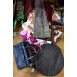 Two lady's hats and hat box; two handbags; textiles including Union Jack placemat; knitted throw,