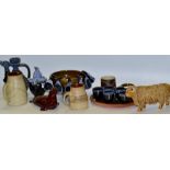 Studio Stoneware - a Highland cow; Studio pottery jugs; a ewer and six blue glazed beakers;