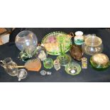 Glassware - a clear glass dump; a green glass dressing table set; a Mdina fish;