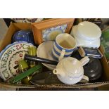 Kitchenalia - an enamel saucepan; a TG Green Cornish Ware milk jug; a modern biscuit barrel;