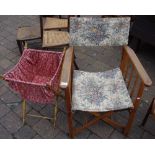 Early 20th century folding garden/directors chair, floral seat and back,