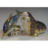 A Royal Crown Derby paperweight, Russian Walrus, gold stopper, boxed; another, Stripe Dolphin,