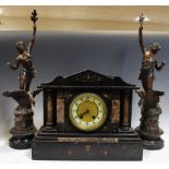 A 19th century belge noir mantel clock, rouge marble inlaid c.