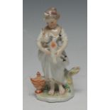 A Derby Patch Mark figure, of a shepherdess, she stands bare footed holding a lamb,