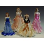 A Royal Worcester figure, Caroline; others Doulton, September Sapphire; Coalport Congratulations,