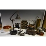 Metalware - a Swiss fondue set; a Victorian coal iron; a Kaye's oil can; another, Berkels; glue pot,
