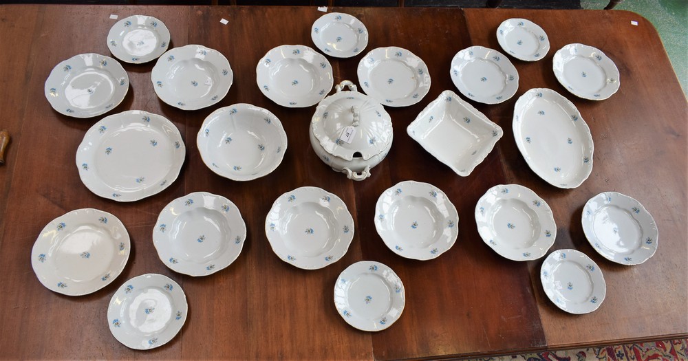 A Zsolnay Pecs six setting dinner service, painted and tinted with flowers,