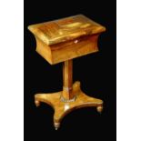 A George/William IV rosewood sarcophagus teapoy, hinged cover, panelled column, fluted socle,