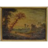 Continental School (19th century) Italian Landscape with Ruins indistinctly signed, oil on panel,