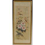 Chinese School Birds, Flowers and Verse red seal stamp, watercolour on silk,