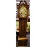 Mid to late 20th century oak longcase clock, swan neck pediments above Corinthian pilaster,