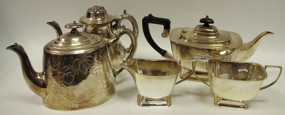 Plated ware - a three piece EPNS tea service; an EPBM teapot;