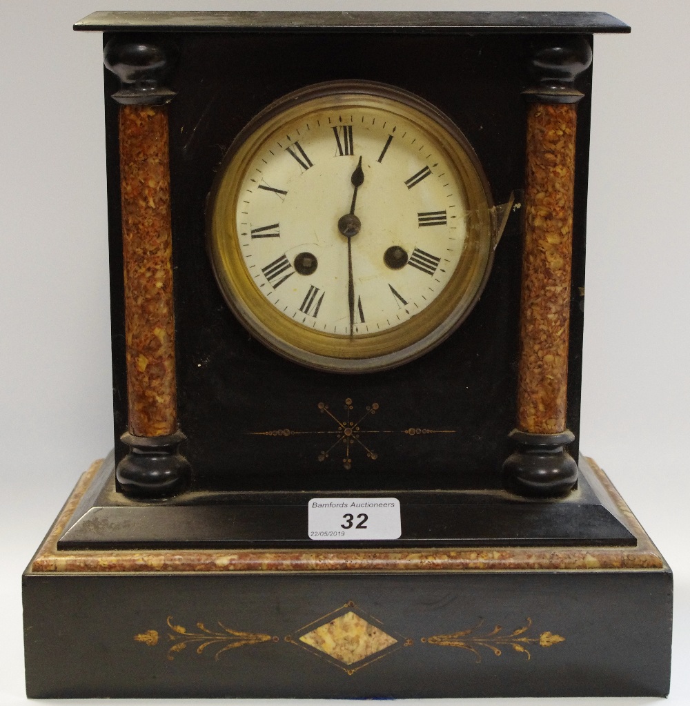 A 19th century belge noir mantel clock, movement backplate stamped Japy Freres, Roman numerals,