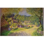 L Feather Village Lane signed oil on canvas